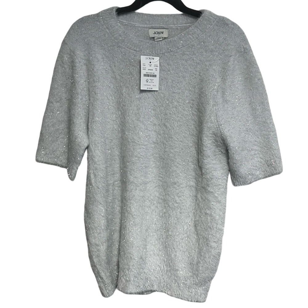 NWT J.Crew Women's Short Sleeve Tinsel Sweater White Silver Shimmer Size XS